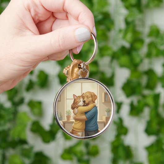 Dog and Cat Hugging Keychain キーホルダー (手)