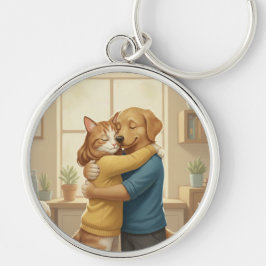 Dog and Cat Hugging Keychain キーホルダー