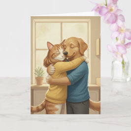 Dog and Cat Hugging Romantic Greeting Card カード