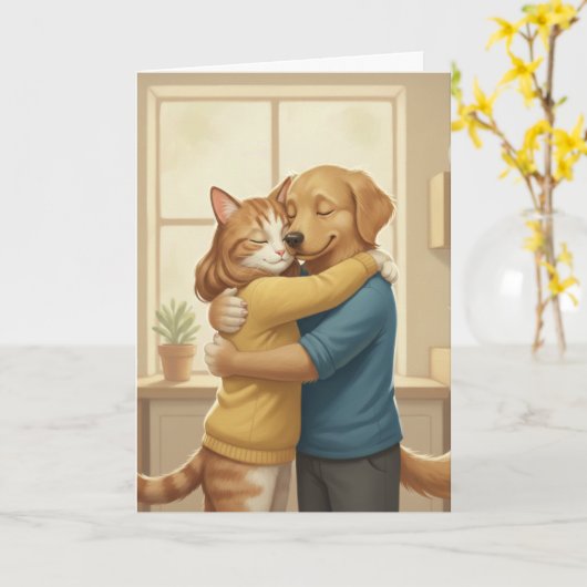 Dog and Cat Hugging Romantic Greeting Card カード (黄色い花)