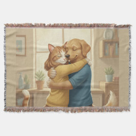 Dog and Cat Hugging Whimsical Woven Throw Blanket スローブランケット
