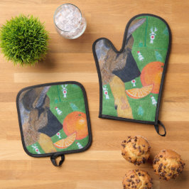 Dog and orange oven mitt & pot holder set 鍋つかみ&鍋敷きセット
