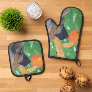 Dog and orange oven mitt & pot holder set 鍋つかみ&鍋敷きセット