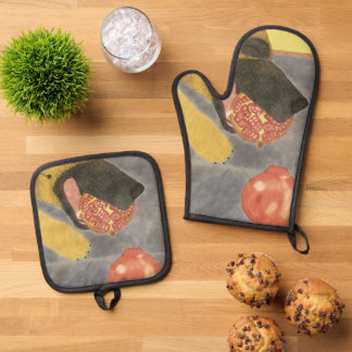 Dog and pomegranate oven mitt & pot holder set 鍋つかみ&鍋敷きセット