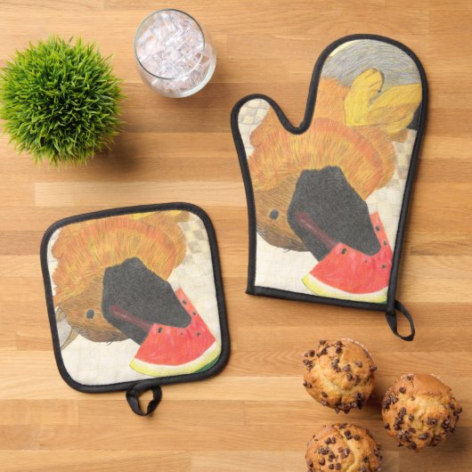 Dog and watermelon oven mitt & pot holder set 鍋つかみ&鍋敷きセット (トップダウン)