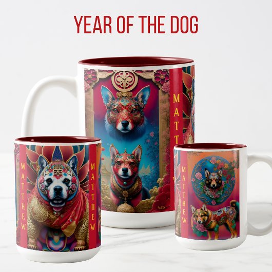 DOG ART 3デザインの年の誕生日 ツートーンマグカップ