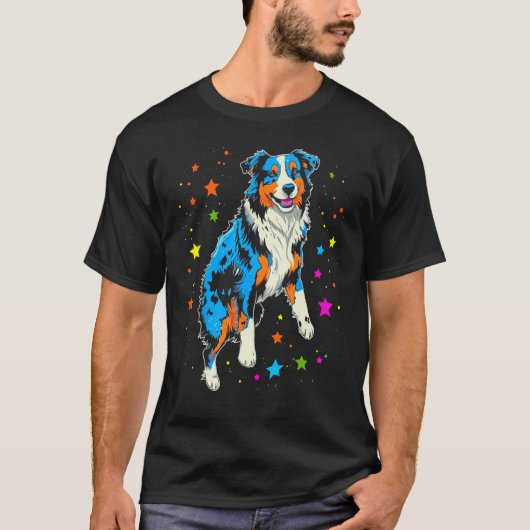 Dog Australian Shepherd Galaxy Space Cosmos Planet Tシャツ (正面)