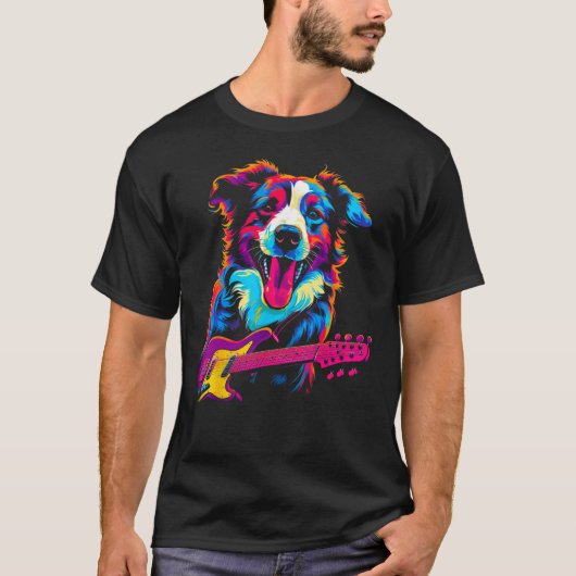 Dog Australian Shepherd Guitar Tシャツ (正面)