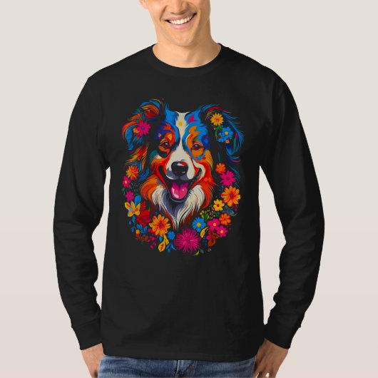 Dog Australian Shepherd Love Peace Flowers Tシャツ (正面)