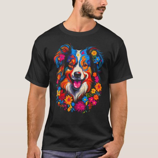 Dog Australian Shepherd Love Peace Flowers Tシャツ (正面)