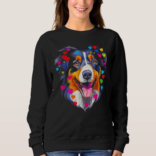 Dog Australian Shepherd Red Blue Pink Heart スウェットシャツ (正面)