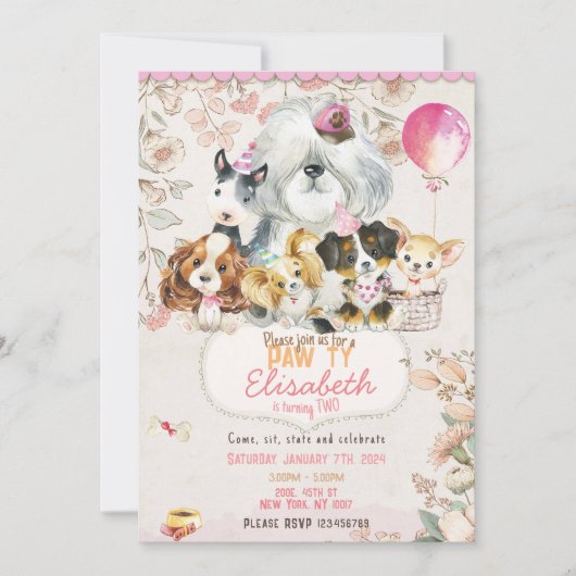 Dog Birthday Invitation Printable, girl Invitation 招待状 (正面)