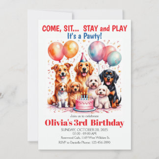 Dog Birthday Party Cute Puppy Kids Party 招待状