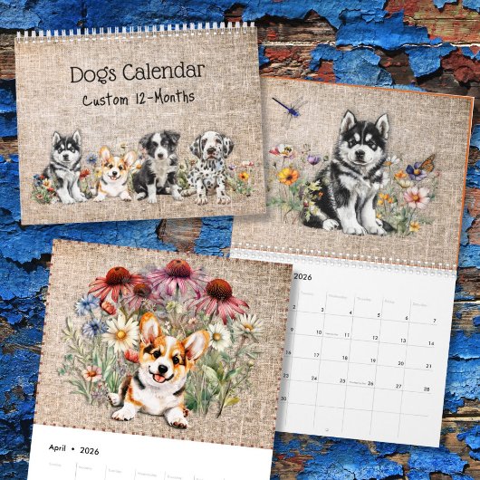 Dog Breeds in Wildflowers 12-Month Custom Year カレンダー