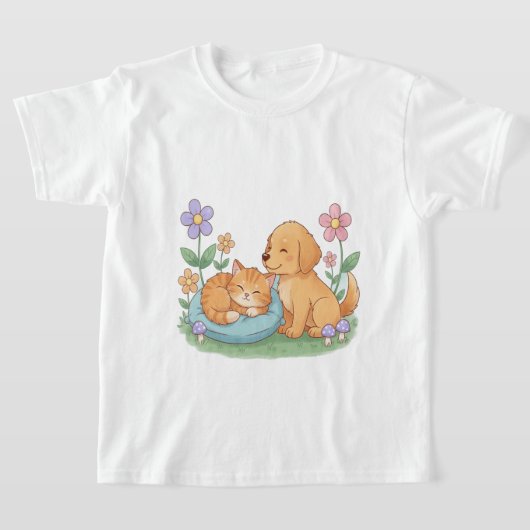 Dog & Cat in Nature – Cute Animal T-Shirt for Pet  Tシャツ (レイダウン)