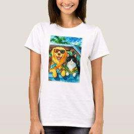 Dog & Cat Vacation Duo – Tropical Road Trip Art Tシャツ
