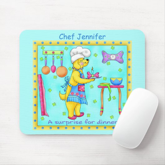 Dog Chef Cooking Dinner Art Turquoise Name マウスパッド (マウス)