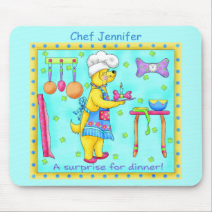 Dog Chef Cooking Dinner Art Turquoise Name マウスパッド
