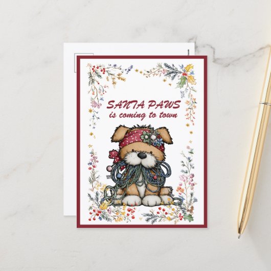 Dog Christmas Lights SANTA  PAWS is Coming to Town シーズンポストカード (正面/裏面インサイチュ)