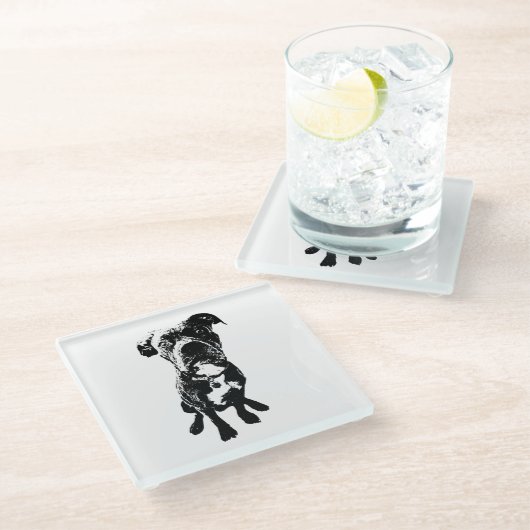 Dog Coaster – Sitting Dog Pose in Ink Linework ガラスコースター (アングル)