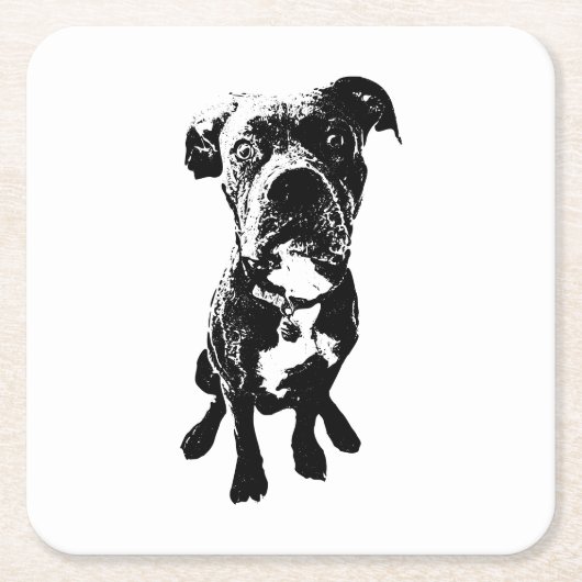 Dog Coaster – Sitting Dog Pose in Ink Linework スクエアペーパーコースター (正面)
