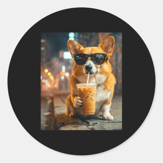 Dog corgi drinking iced coffee funny animal meme ラウンドシール (正面)