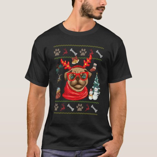 Dog  Cute Pug Reindeer Antlers Ugly Christmas Tシャツ (正面)