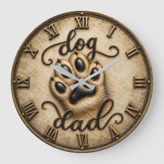 Dog Dad Rustic Paw Print ラージ壁時計 (正面)