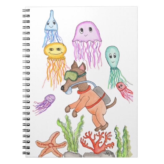 Dog Deep Sea Diver with Jellyfish ノートブック (正面)