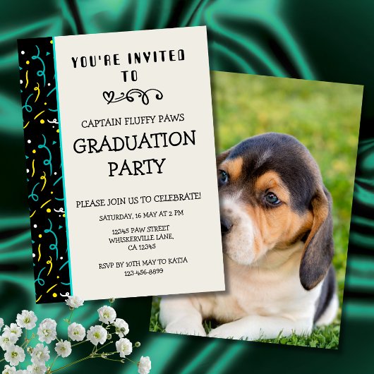 Dog Graduation Announcement Colorful Blue & Black 招待状