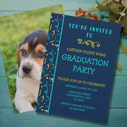 Dog Graduation Announcement Colorful Blue Confetti 招待状