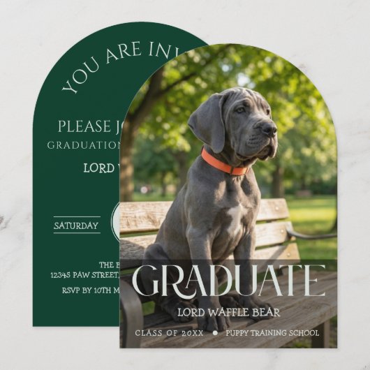 Dog Graduation Invitation Pet Photo in Emerald 招待状 (正面/裏面)
