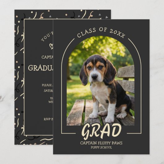 Dog Graduation Invite Pet Photo Charcoal Slate 招待状 (正面/裏面)
