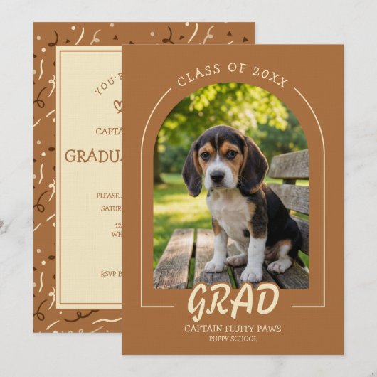 Dog Graduation Invite Pet Photo Copper Rose 招待状 (正面/裏面)