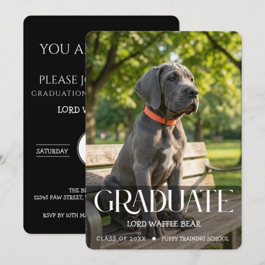 Dog Graduation Party Invite Pet Photo Black 招待状 (正面/裏面)