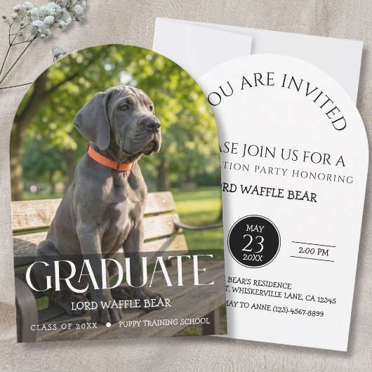 Dog Graduation Party Invite Pet Photo Black &White 招待状