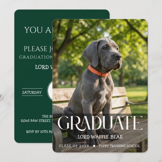 Dog Graduation Party Invite Pet Photo Emerald 招待状 (正面/裏面)