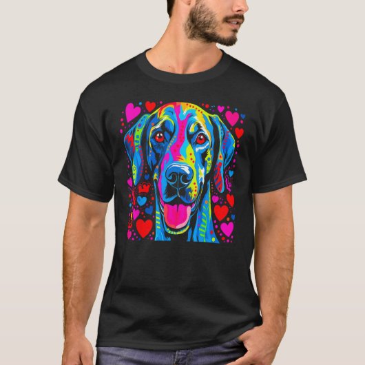 Dog Great Dane Pink Blue Red Heart Tシャツ (正面)