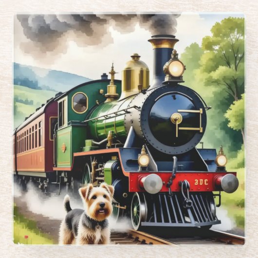 Dog Greeting steam train ガラスコースター (正面)