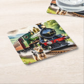 Dog Greeting steam train スクエアペーパーコースター (アングル)