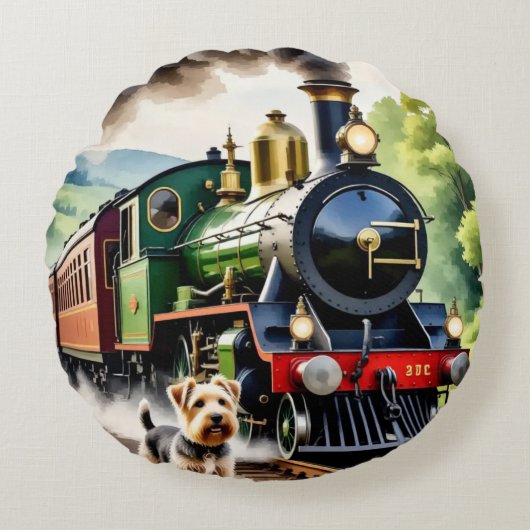 Dog Greeting steam train ラウンドクッション (正面)