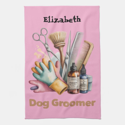 Dog Groomer Watercolor Personalized  キッチンタオル (縦)