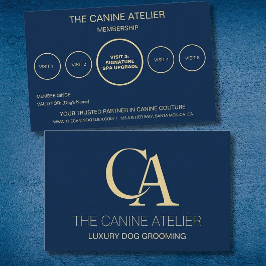 Dog Grooming Business Card Atelier Blue & Gold 名刺