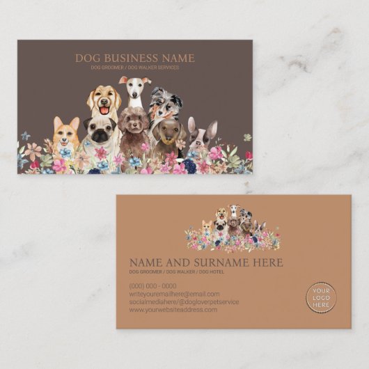 Dog Grooming Care QR Code | Pet Sitter Logo Photo 名刺 (正面/裏面)