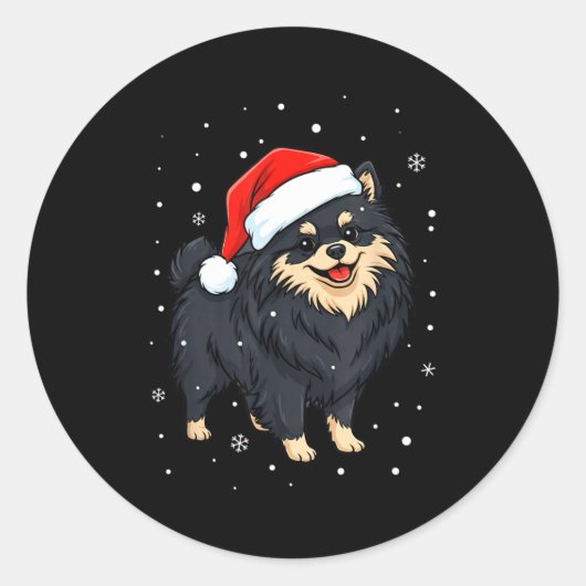 Dog Holiday Meranian Dog Santa Illustration - Fluf ラウンドシール (正面)