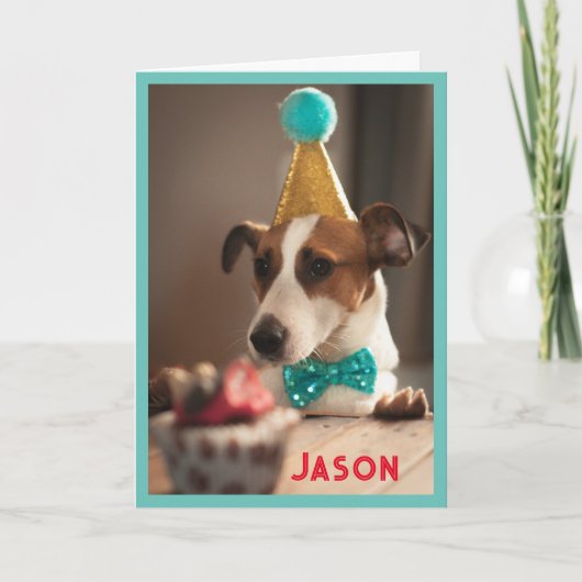 Dog in Birthday Party Hat Personalize Name カード (正面)