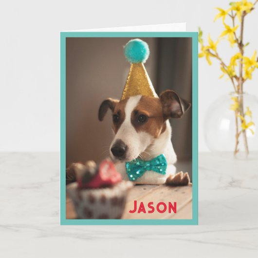 Dog in Birthday Party Hat Personalize Name カード (黄色い花)