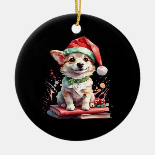 Dog in Christmas Hat with Books - A Perfect Christ セラミックオーナメント (正面)