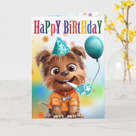 Dog in Party Hat Birthday カード (黄色い花)