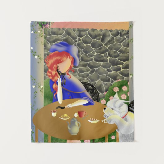 Dog & Lady in Cafe at Sunset "Forever Love" タペストリー (正面)